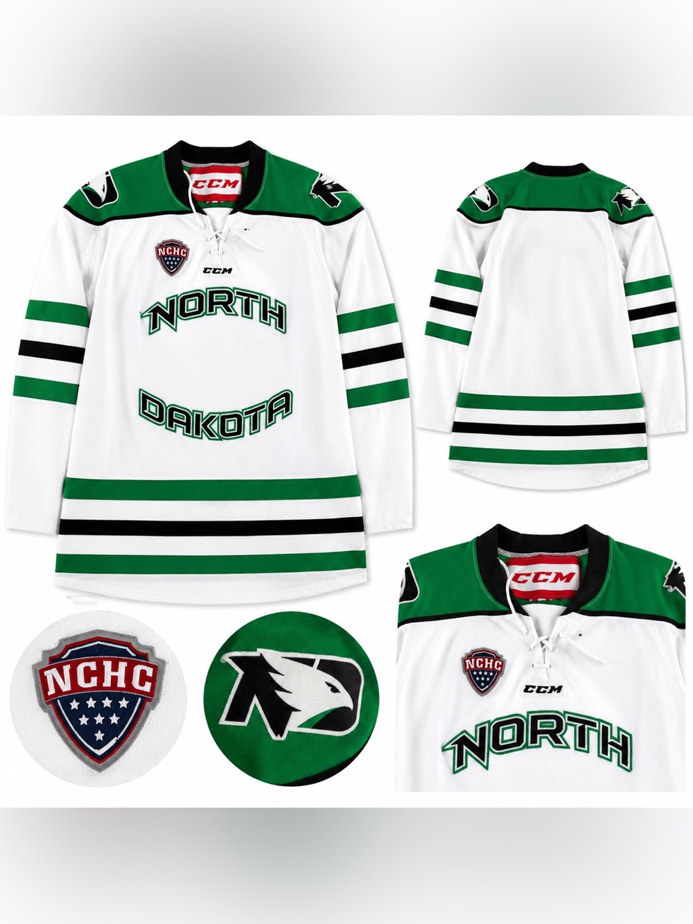 CCM North Dakota Fighting Hawks Hockey Jersey Adult XL White Green Made in Canad